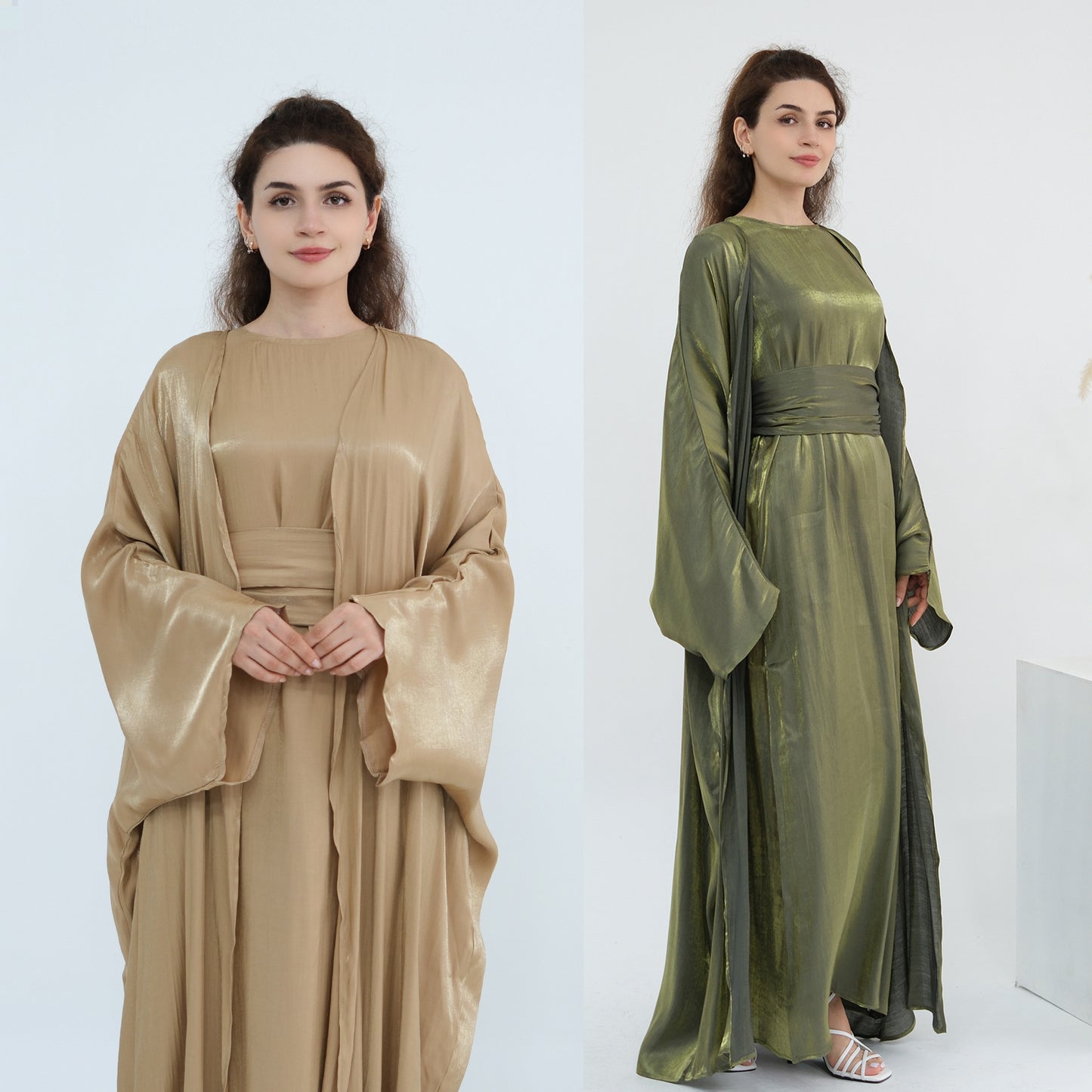 Elegant Solid Color Two Piece Abaya Set with Inner Dress