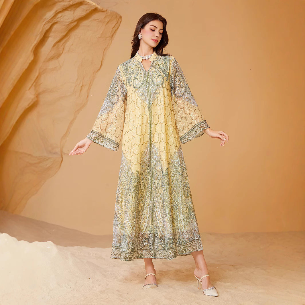 Embroidered Rhinestone Muslim Print Kaftan Dress