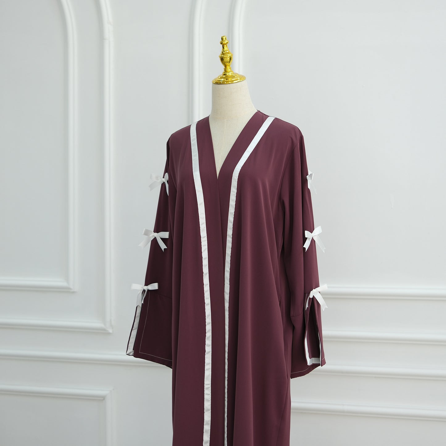 Bow Tie Open Abaya with Contrast Trim for Women