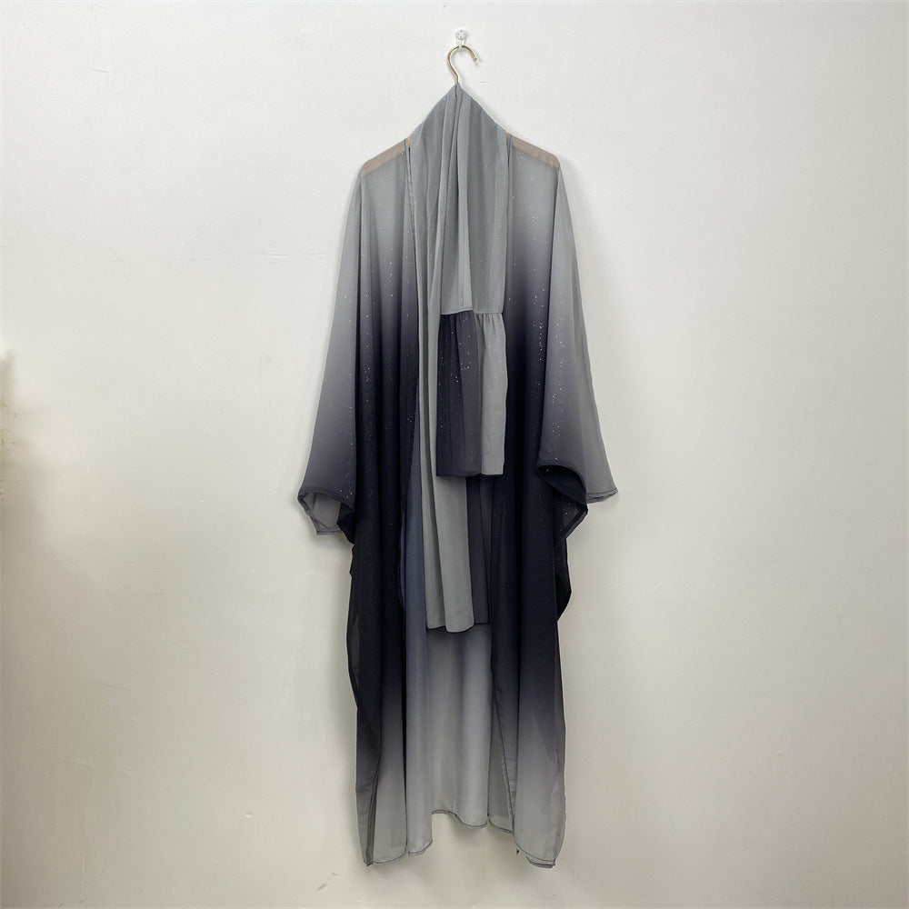 Muslim Chiffon Cardigan Gradient Bat Sleeve Set with Hijab