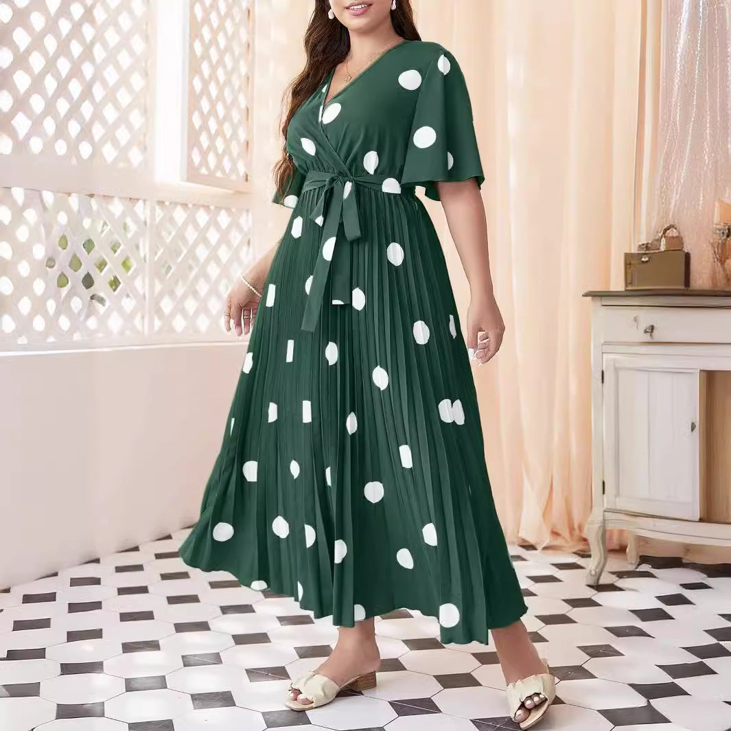 Women's Polka Dot Print Flared Sleeve Lace-up Pleated Dress