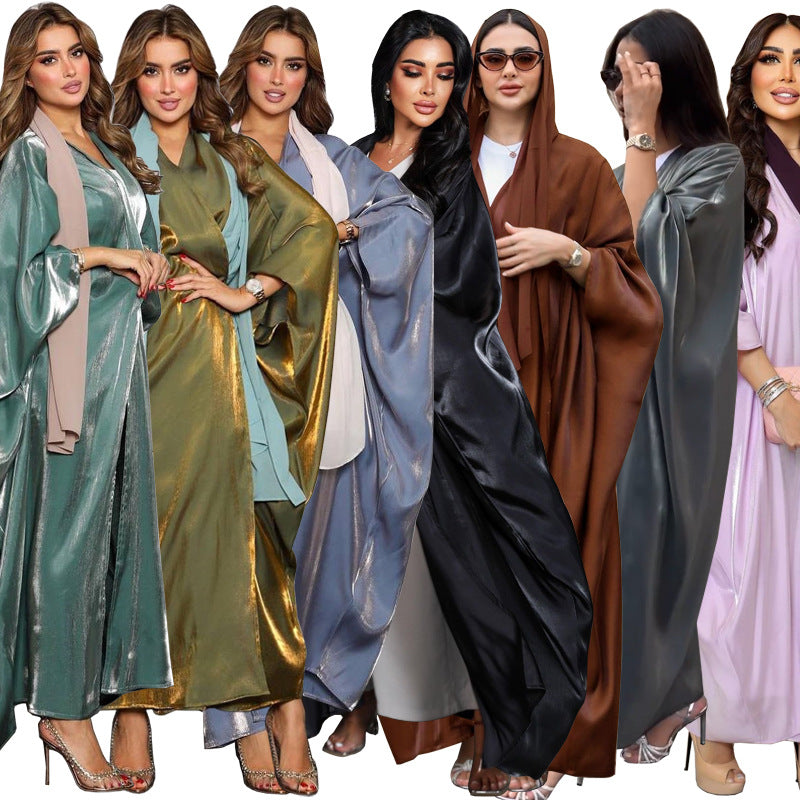 Women's Bright Silk Satin Solid Batwing Sleeve Robe