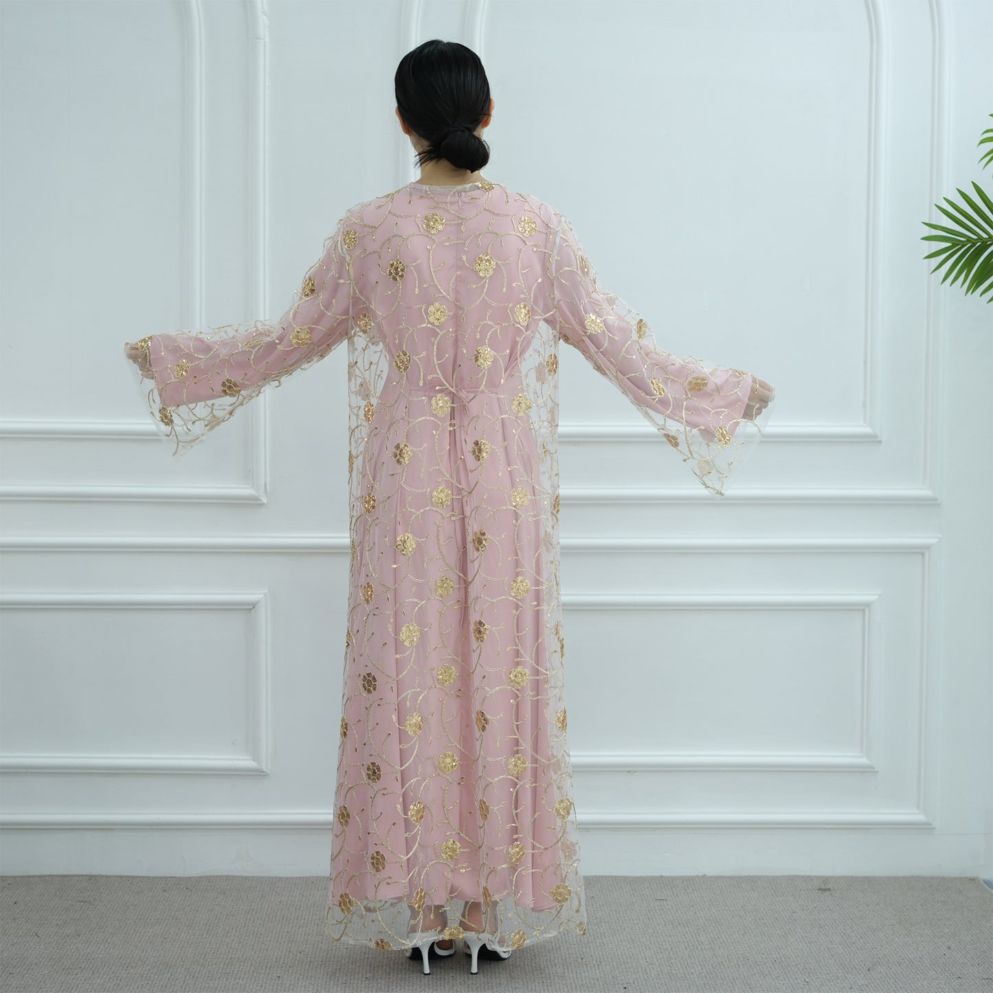Gold Embroidered Lace Open Dress Elegant Evening Abaya