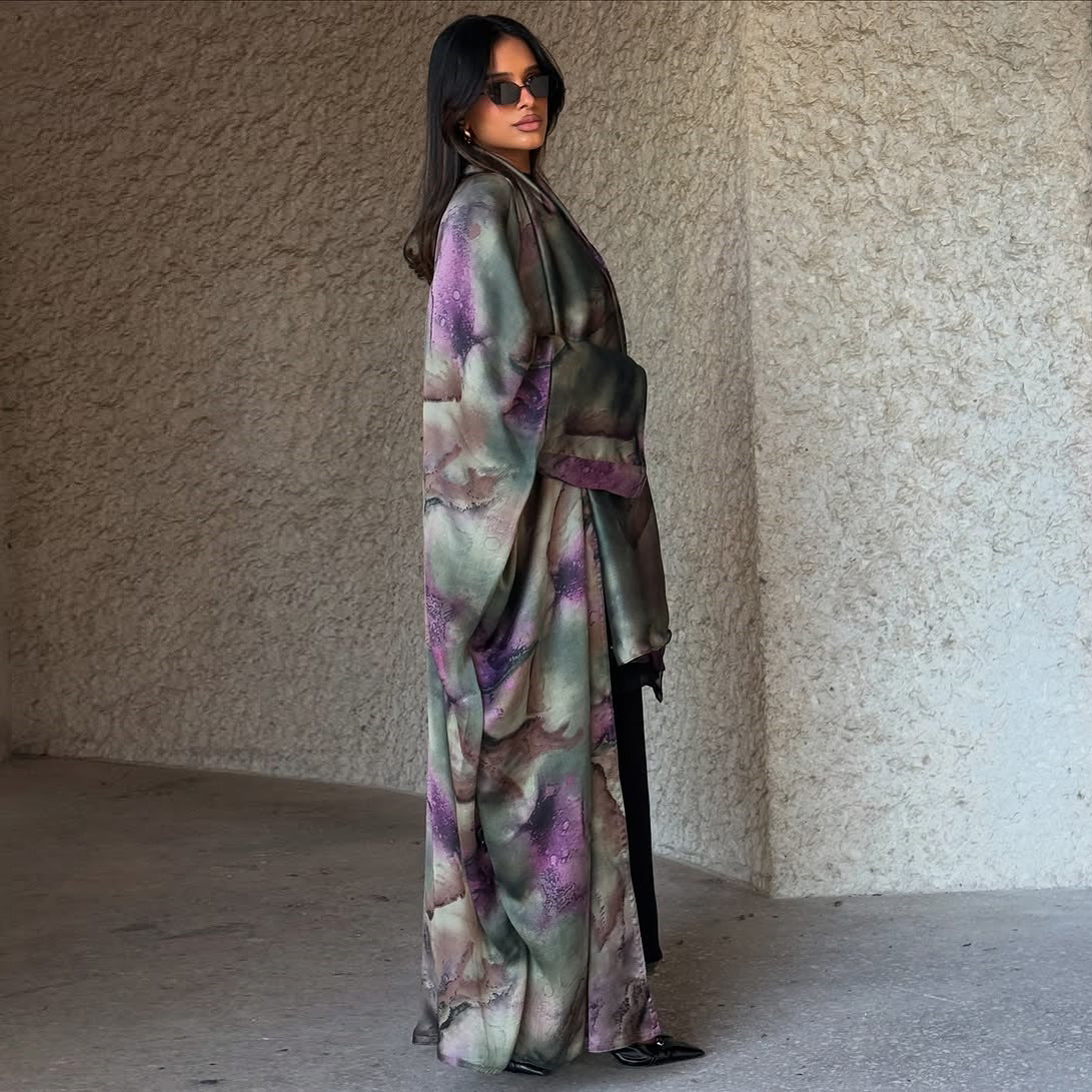 Modest Summer Fashion Satin Print Robe with Headscarf