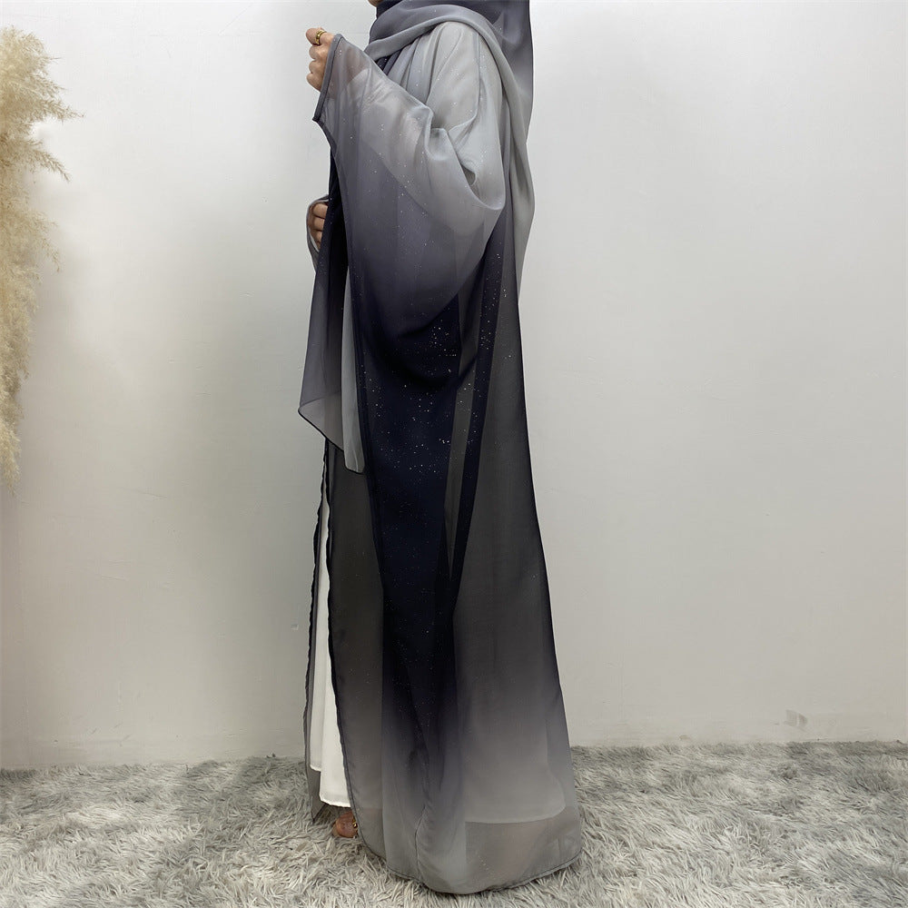 Muslim Chiffon Cardigan Gradient Bat Sleeve Set with Hijab