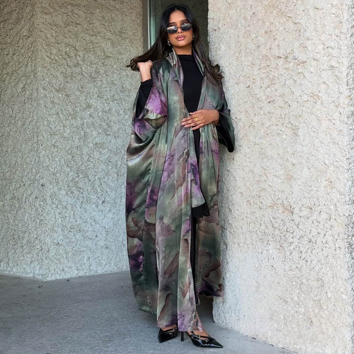 Modest Summer Fashion Satin Print Robe with Headscarf
