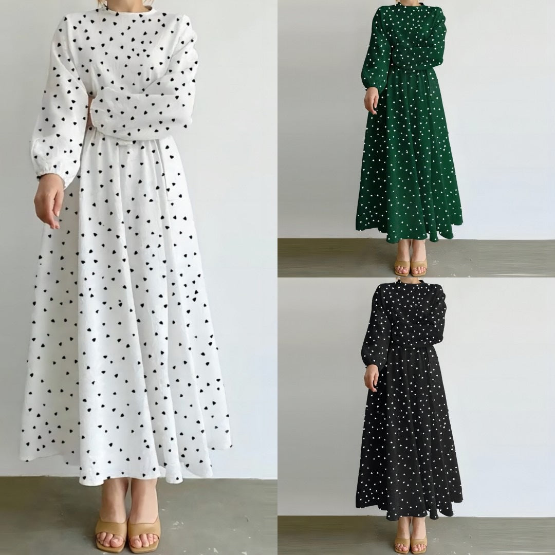 Women's Long-sleeved Crewneck Heart-print Dress