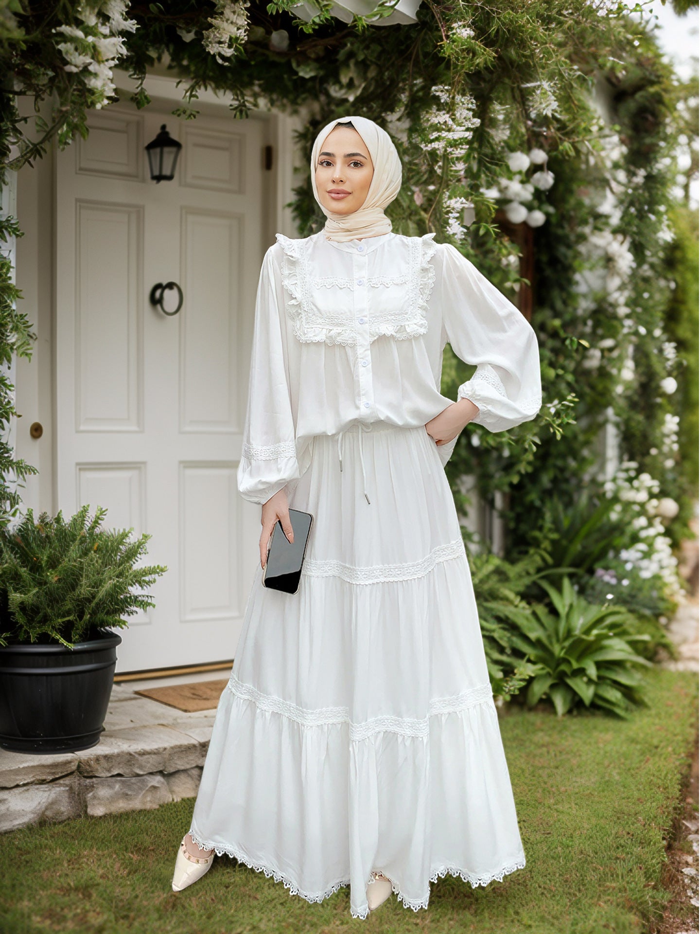 Lace Ruffle Trim Muslim Two-Piece Skirt Set