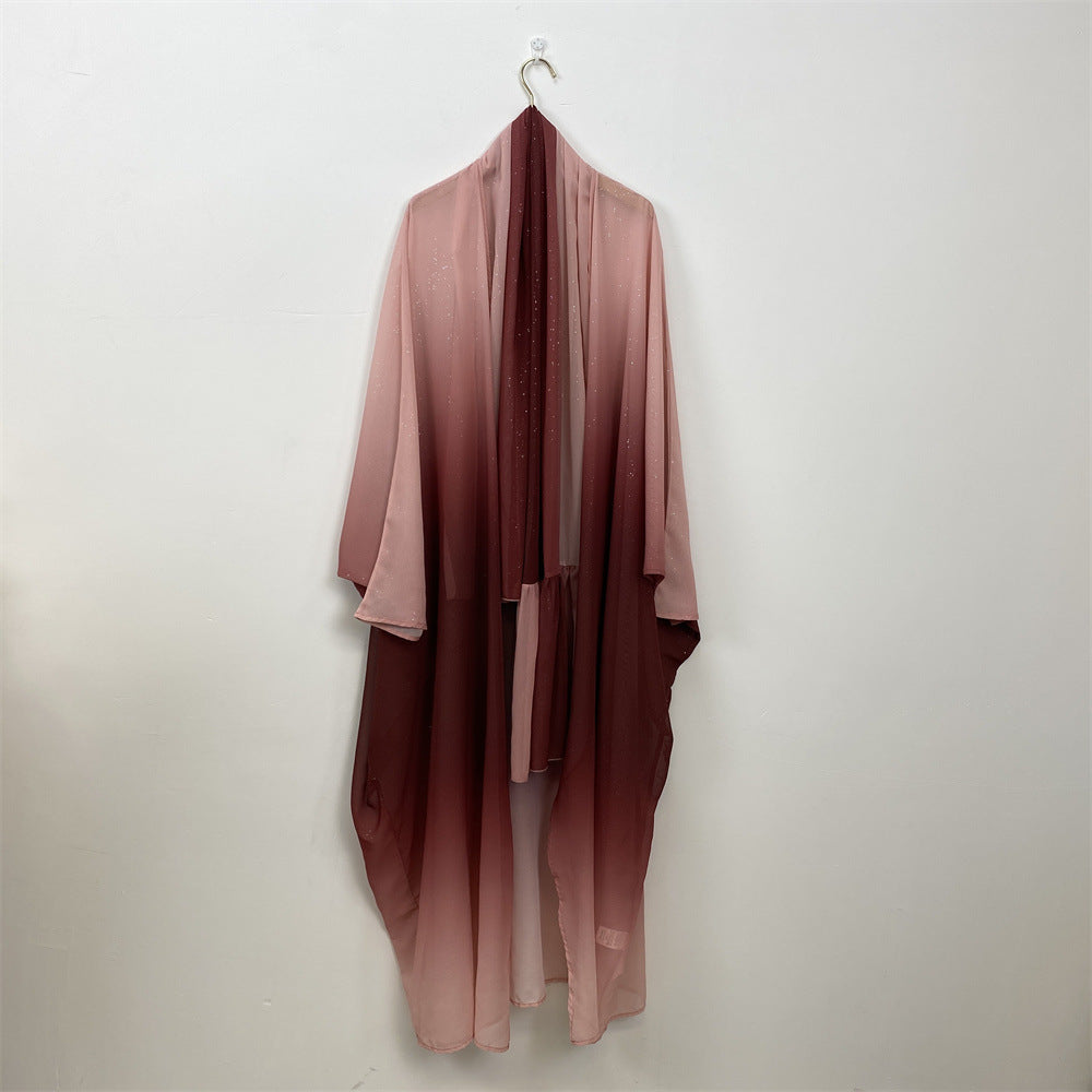 Muslim Chiffon Cardigan Gradient Bat Sleeve Set with Hijab