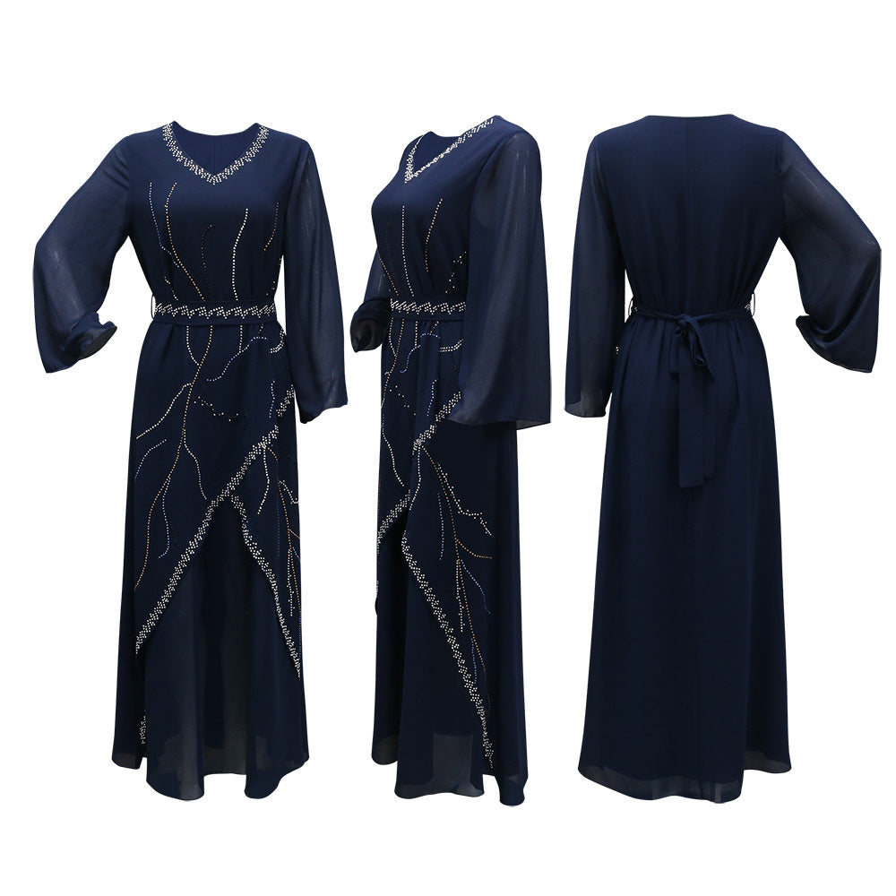 Women's Hot Diamond Chiffon Dress with Belt