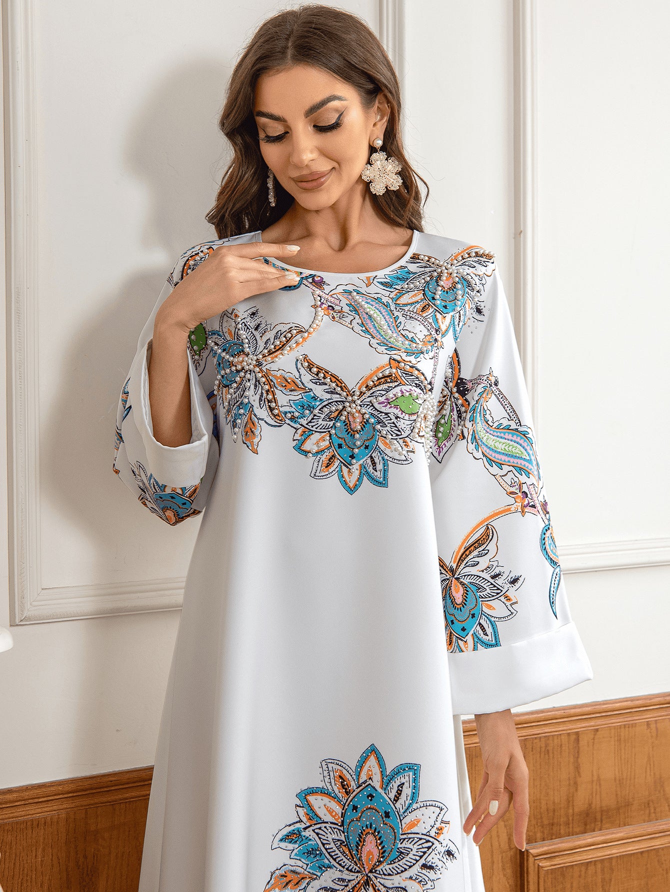 Floral Rhinestone Muslim Evening Kaftan Maxi Dress