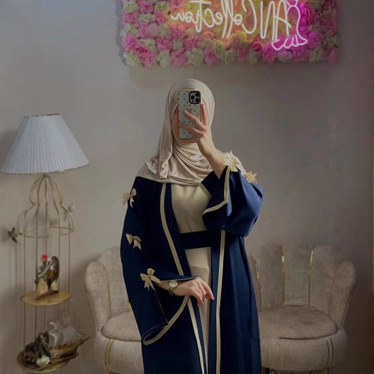 Bow Tie Open Abaya with Contrast Trim for Women