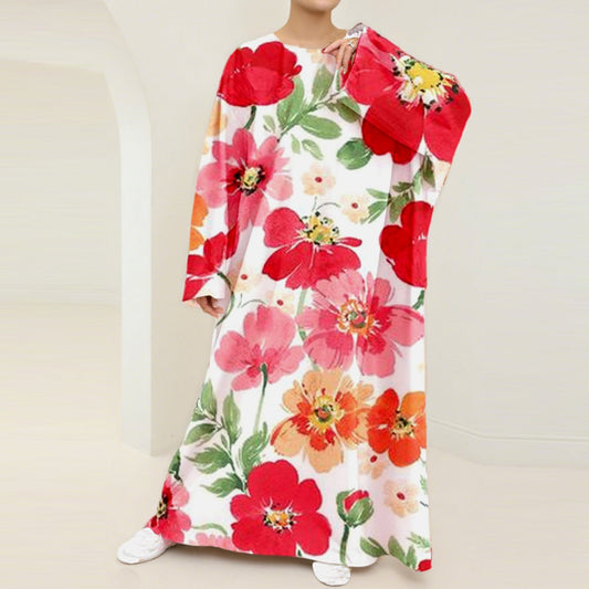 Red Floral Nursing Kaftan Dress with Hidden Zipper