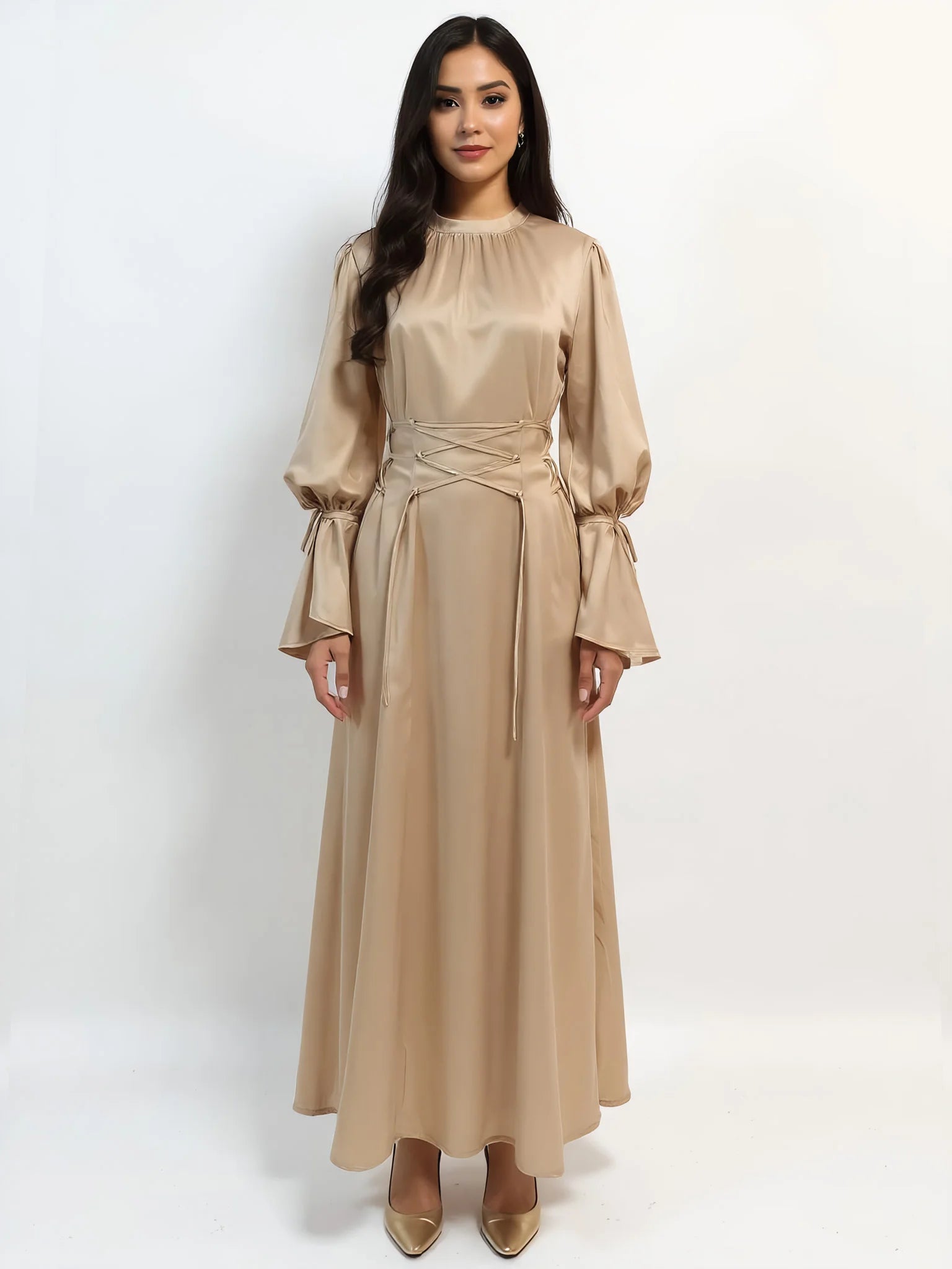 Elegant Long Sleeve Flowy Maxi Islamic Satin Abaya Dress Abayaya Elegant Long Sleeve Flowy Maxi Islamic Satin Abaya Dress Abayaya