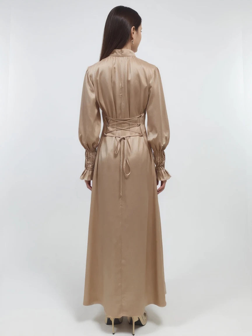 Modest Solid Satin Tie Back Pleats Cuff Maxi Dress
