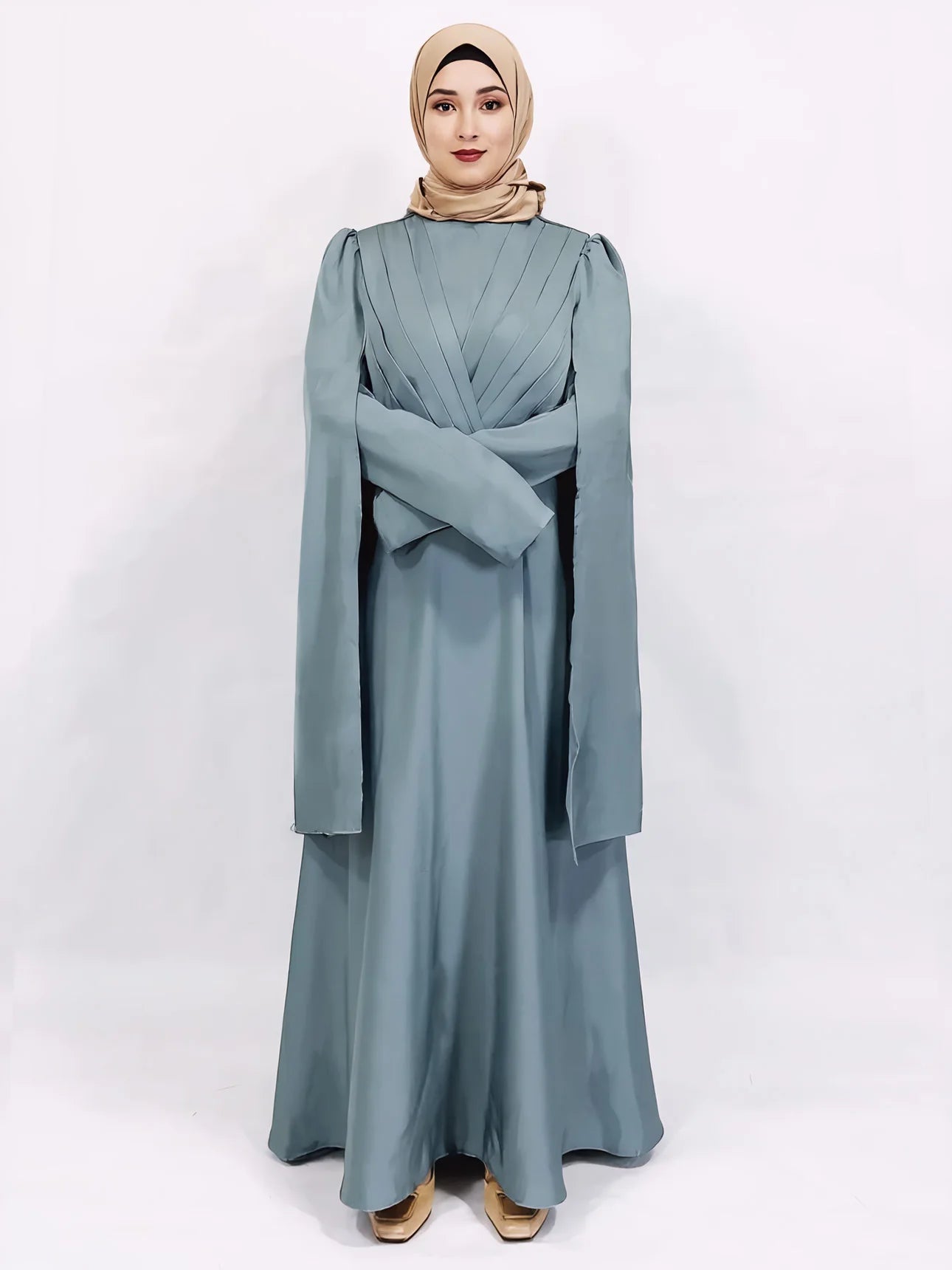 Luxury Satin Cape Sleeve Pleated Abaya Dress