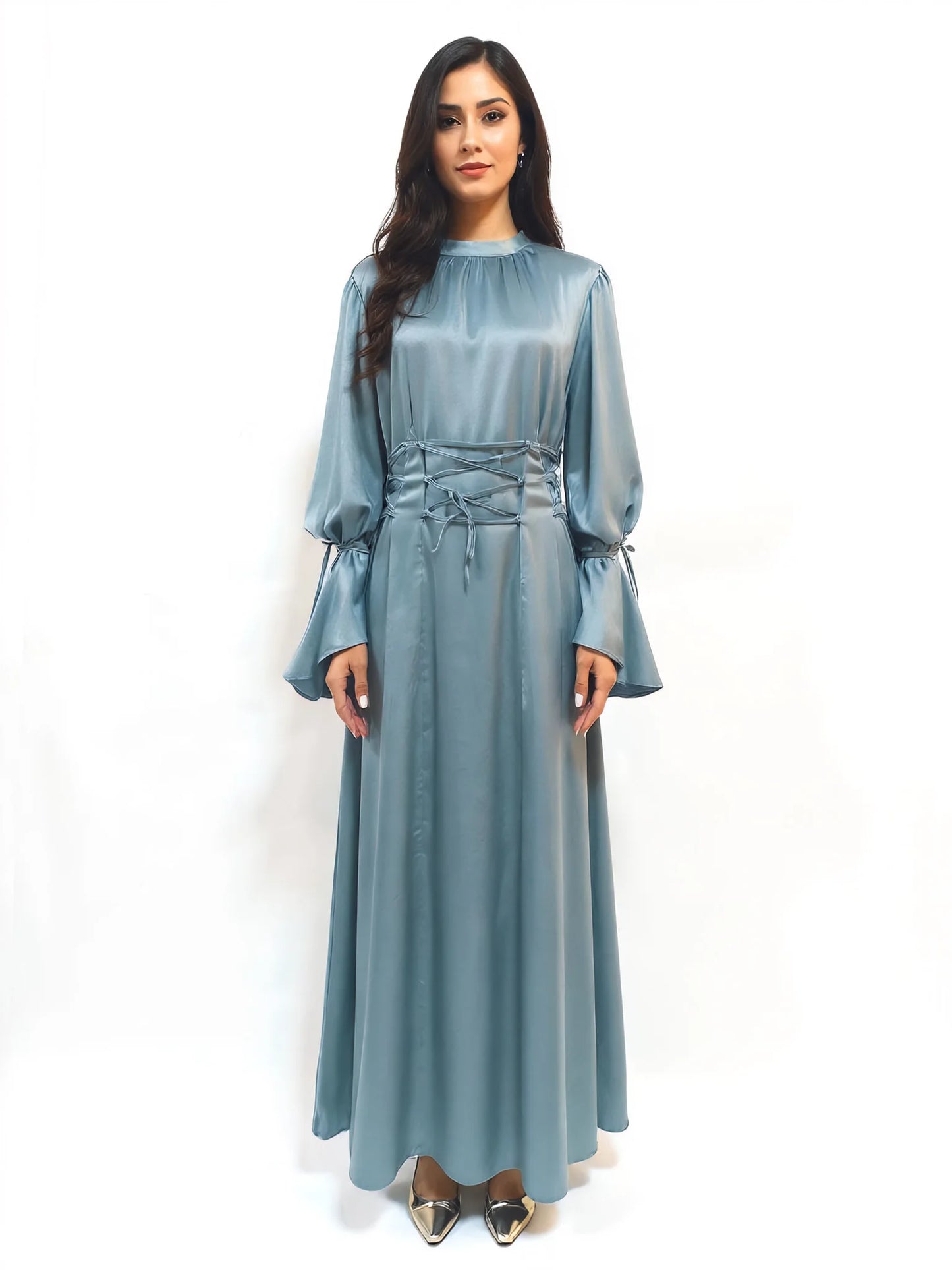 Elegant Long Sleeve Flowy Maxi Islamic Satin Abaya Dress
