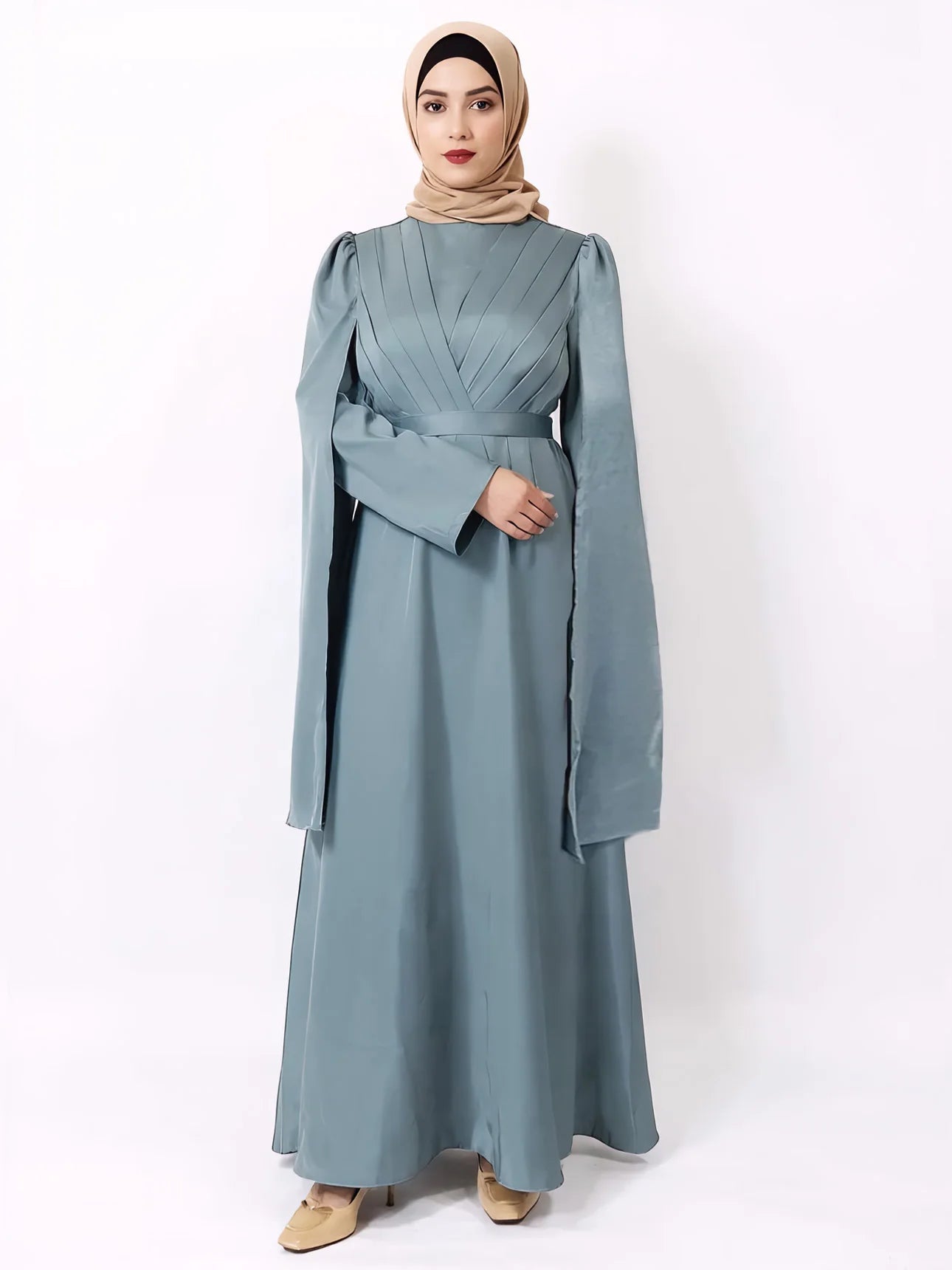 Luxury Satin Cape Sleeve Pleated Abaya Dress