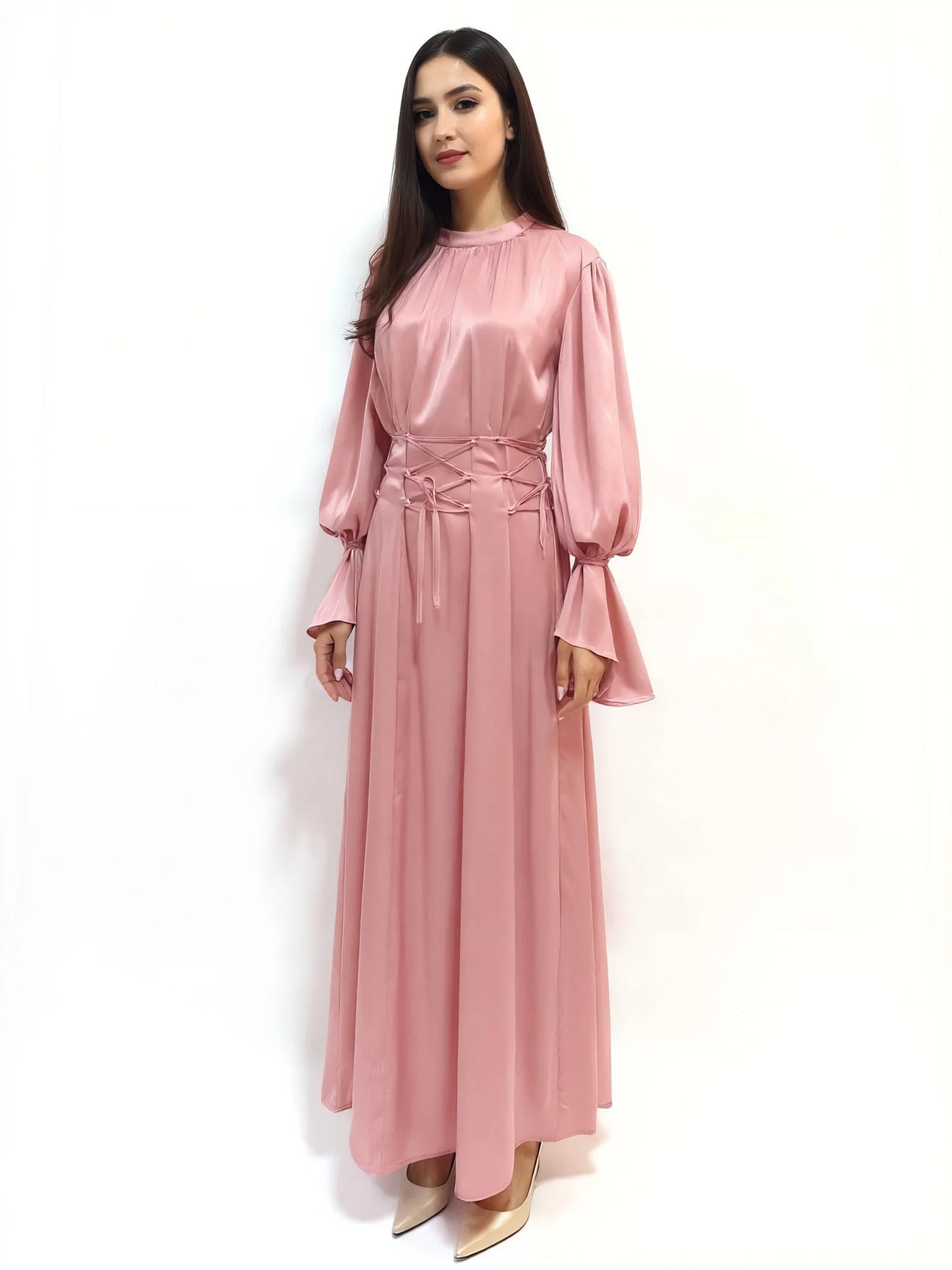Elegant Long Sleeve Flowy Maxi Islamic Satin Abaya Dress