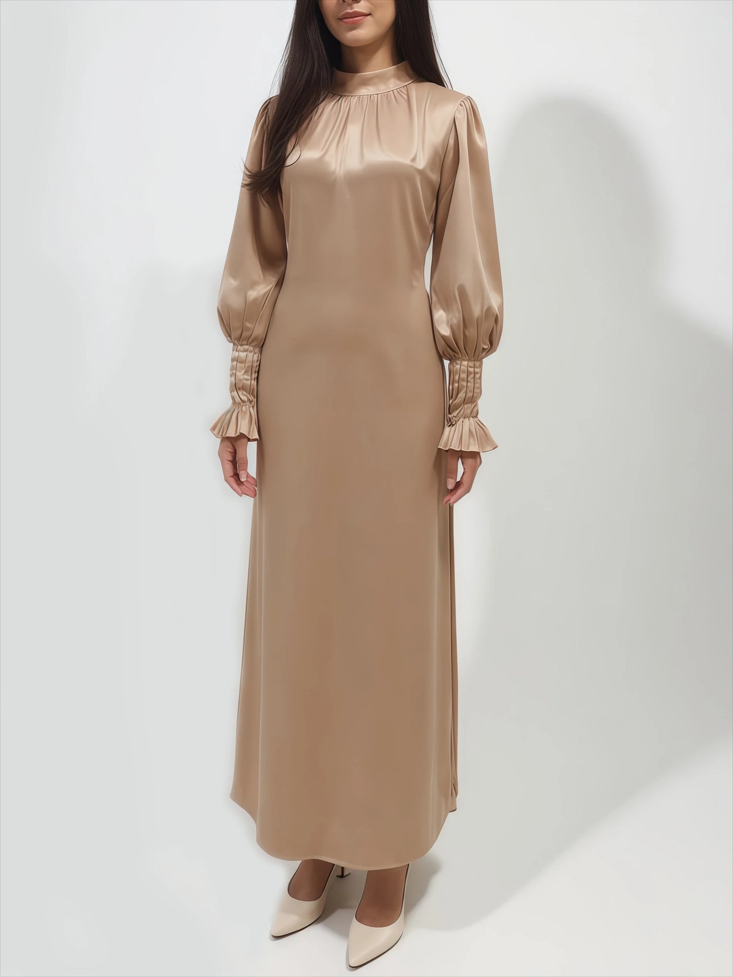 Modest Solid Satin Tie Back Pleats Cuff Maxi Dress