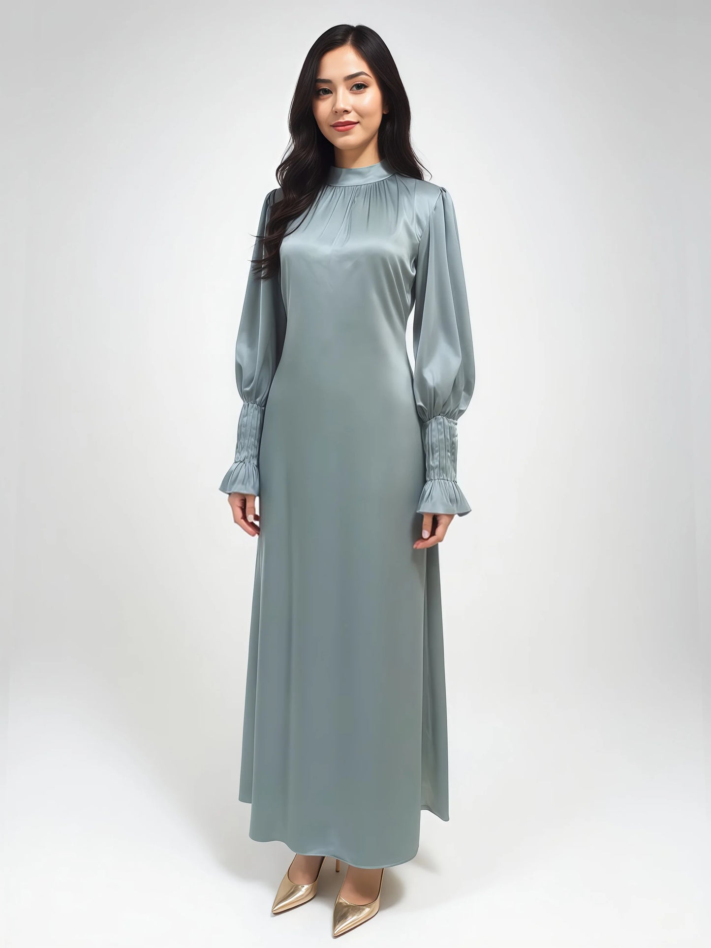 Modest Solid Satin Tie Back Pleats Cuff Maxi Dress