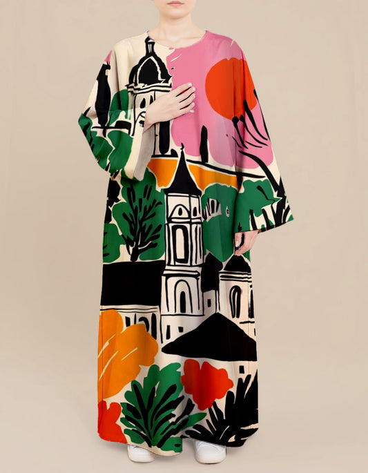Artistic City Print Nursing Kaftan Dress – Modest Vacation Wear