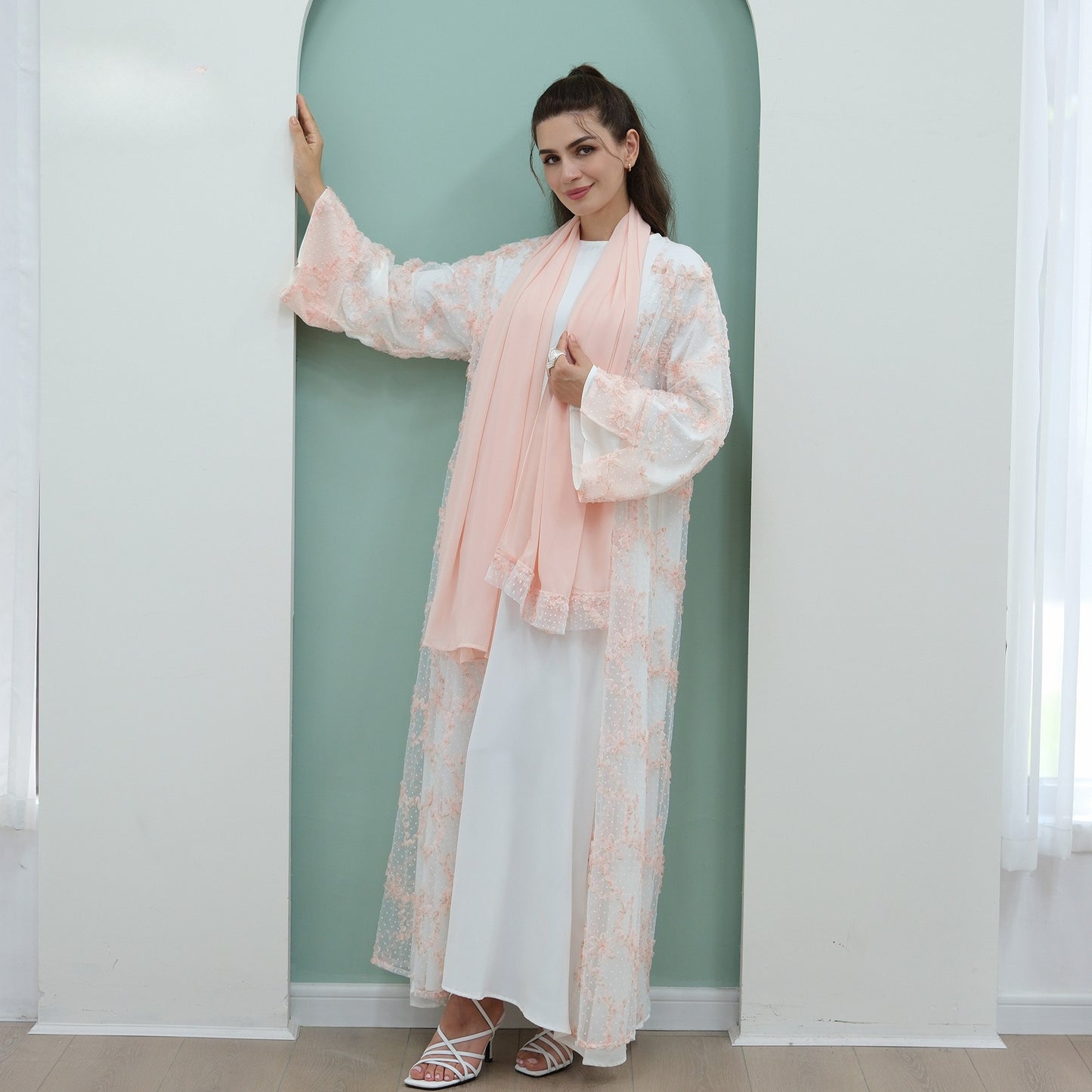 Elegant 3D Floral Mesh Open Abaya with Optional Inner Dress and Scarf