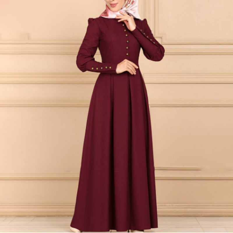 Women's Plain Button Vintage Ethnic Dress
