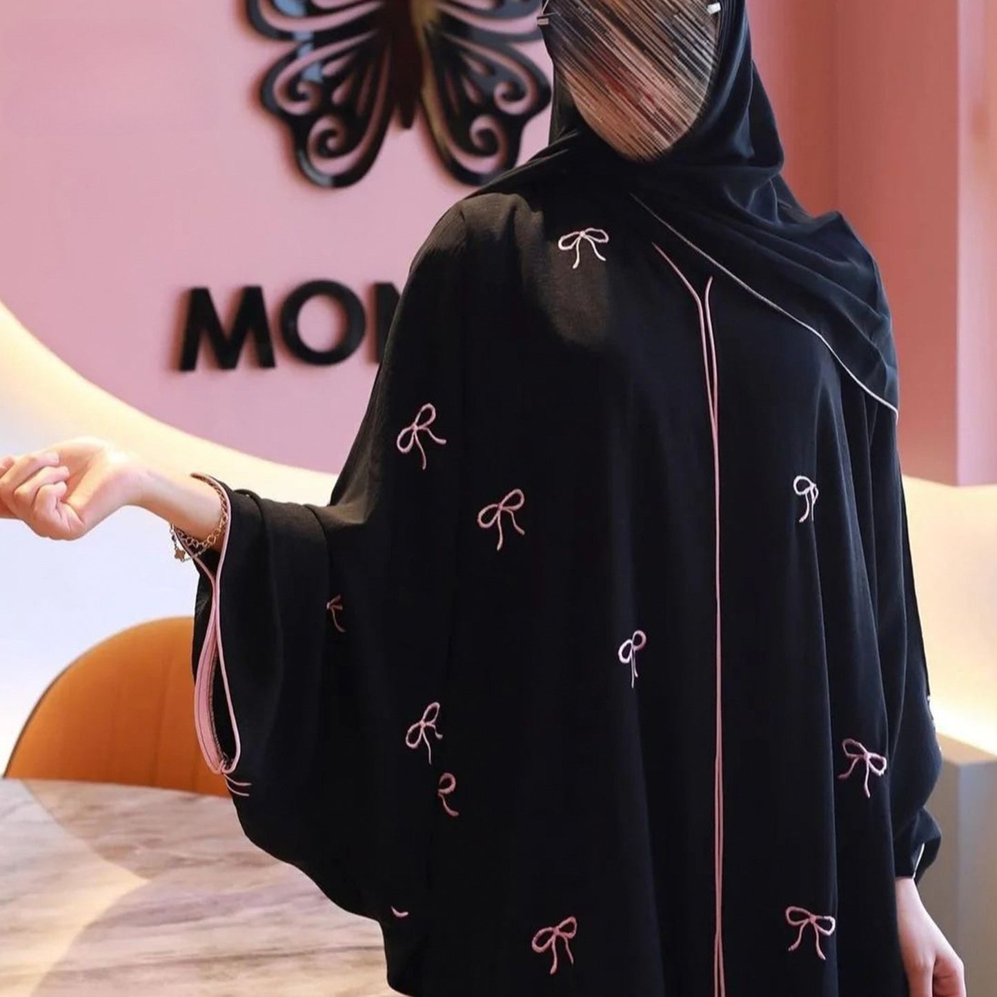 Bow Embroidered Cardigan Robe Open Abaya