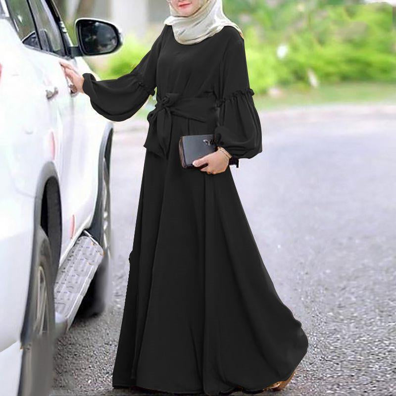 Solid Color Long Sleeve Ruffled Dress