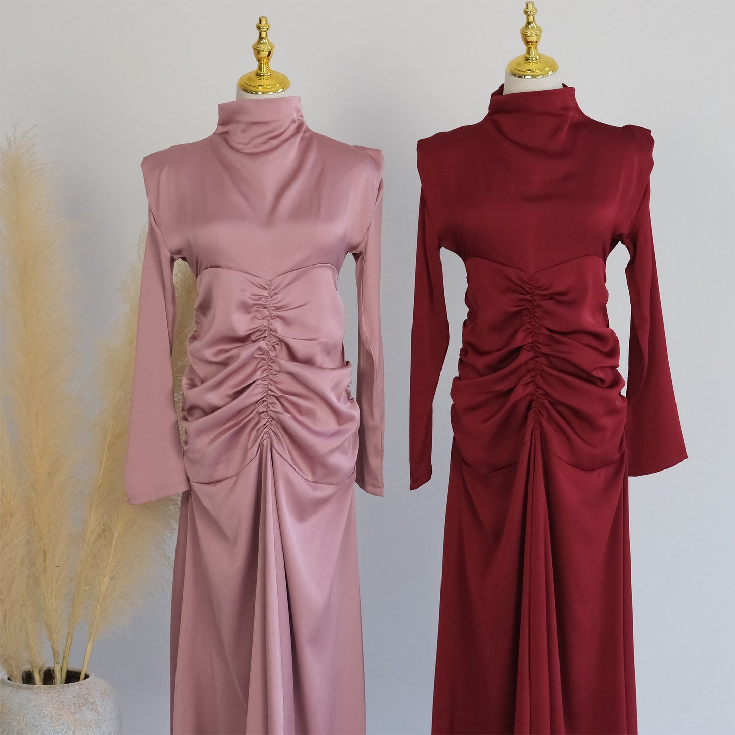 Plain High Neck Pleated Abaya Dress