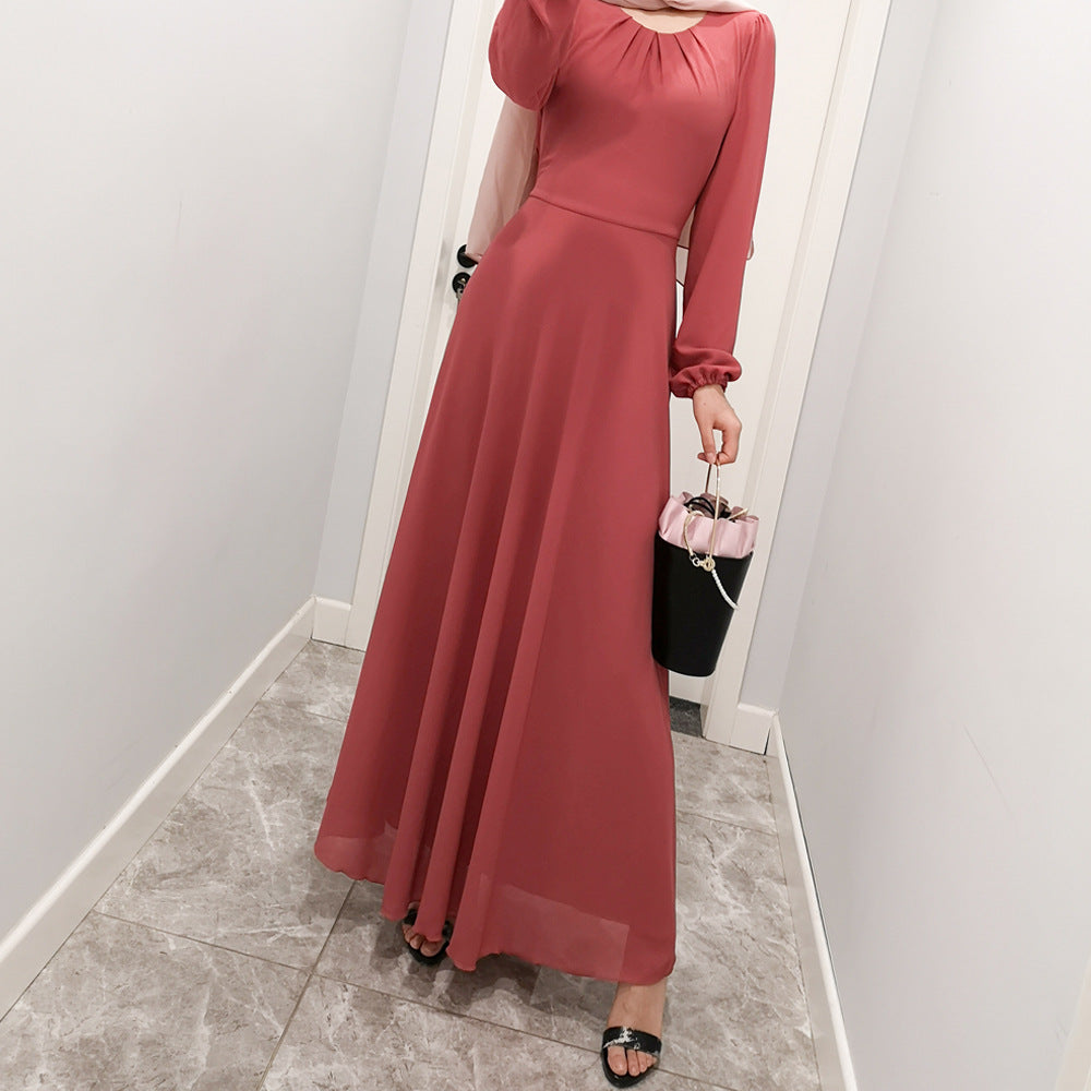 Long Sleeve Crew Neck Chiffon Dress