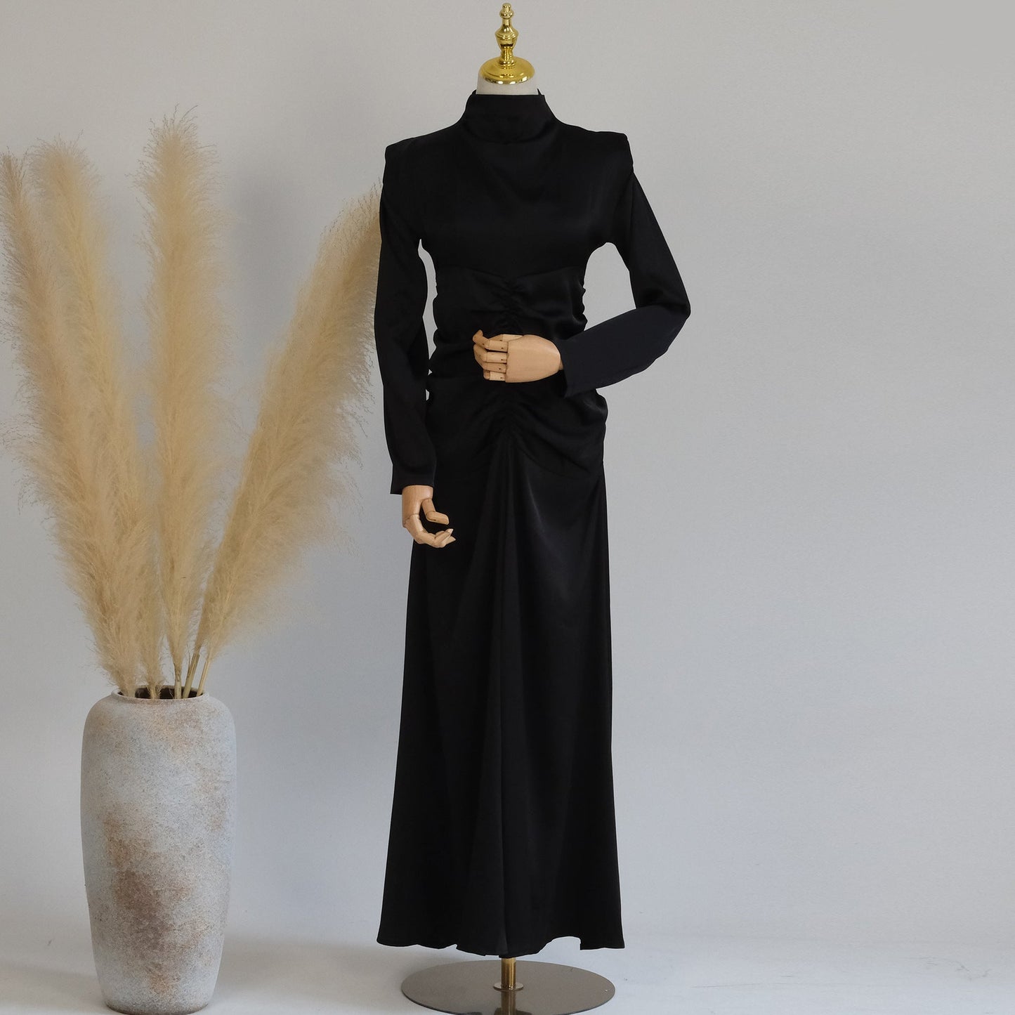 Plain High Neck Pleated Abaya Dress