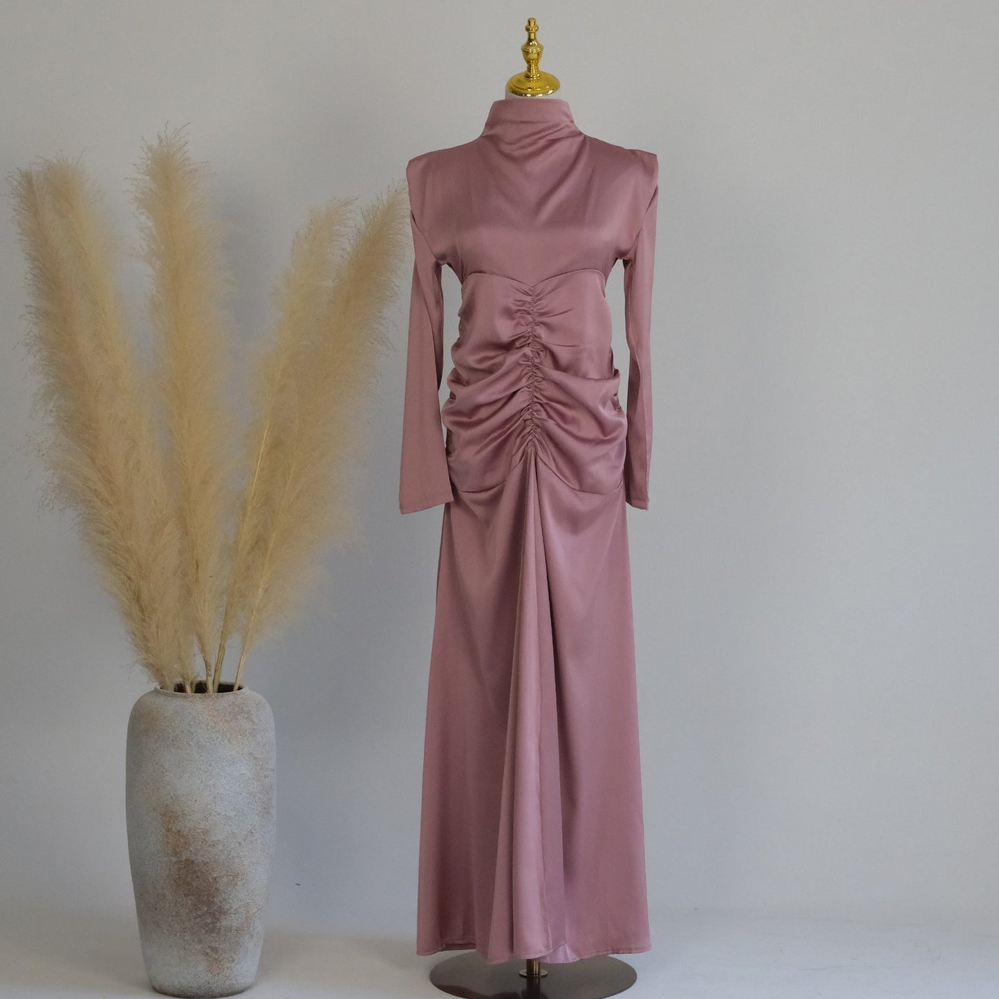 Plain High Neck Pleated Abaya Dress