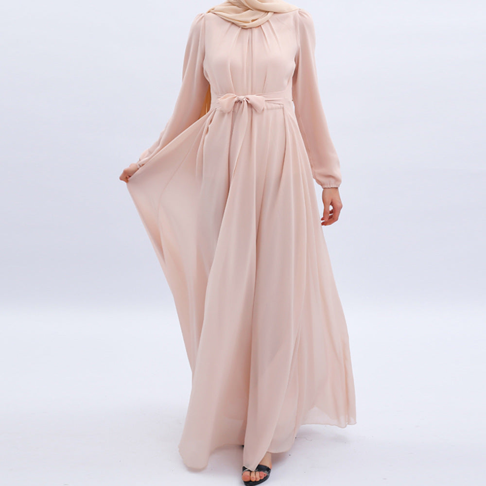 Long Sleeve Crew Neck Chiffon Dress