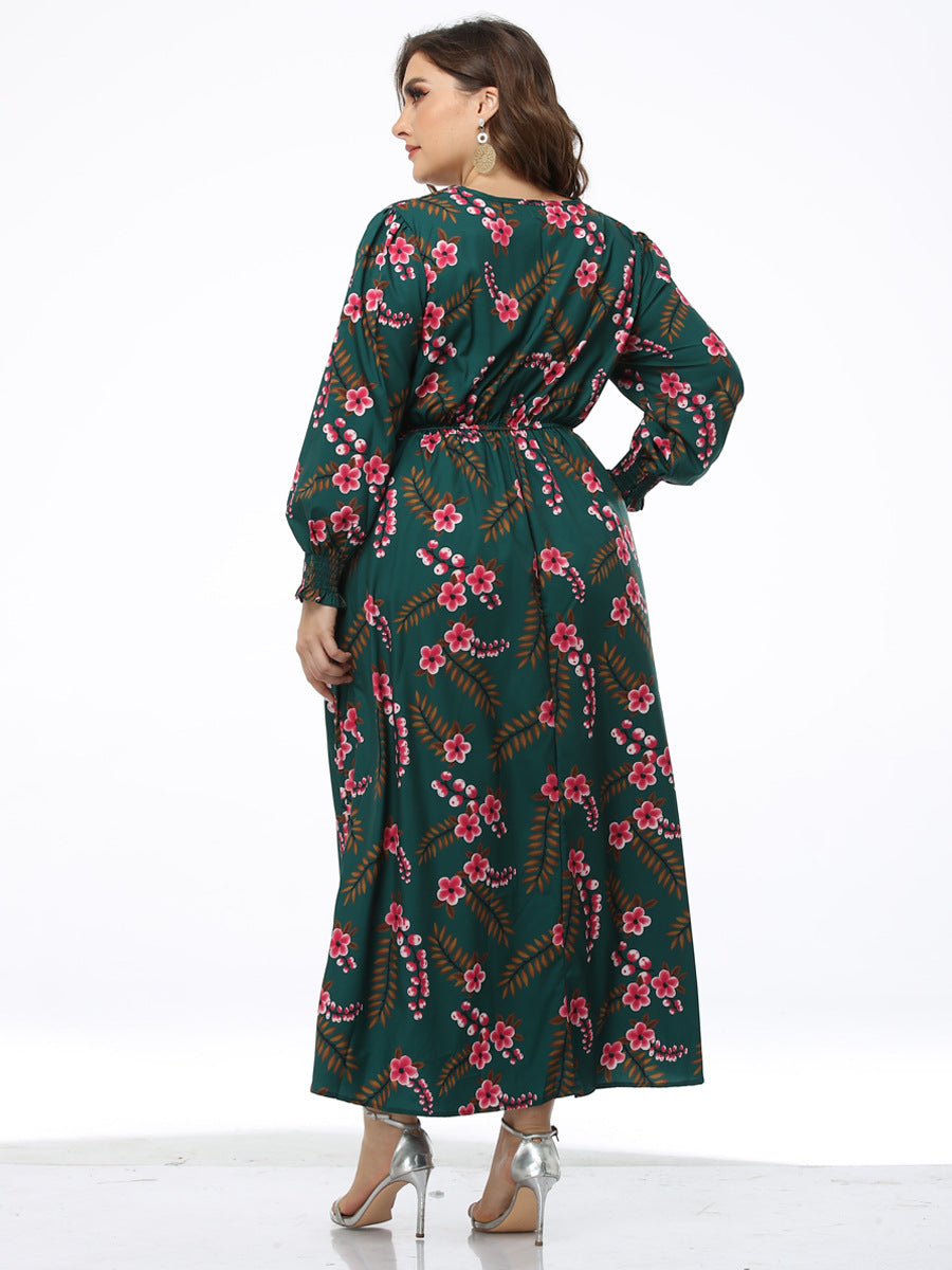 Lady's Fashionable Floral Printed Elastic Waistband Dress