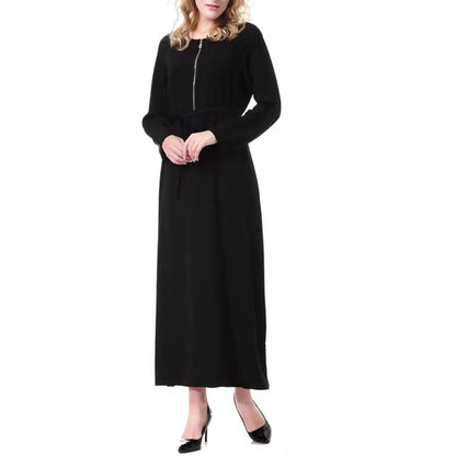 Women's Round Neck Solid Chiffon Zipper Dress
