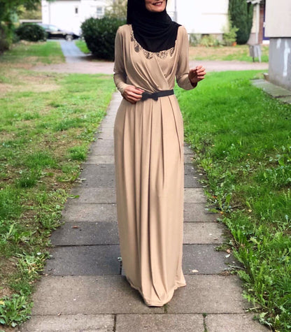 Women's V-neck Lace-up Pleated Abaya Dress