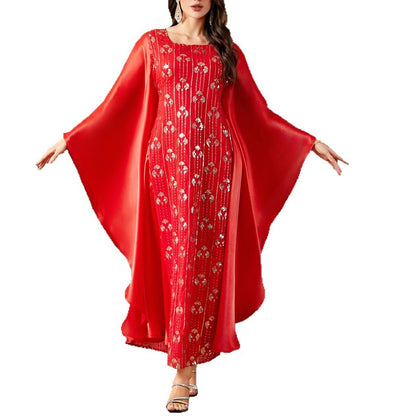 Sequin-embroidered Dolman-sleeved Cinched Waist Dress