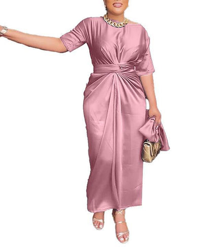 Women's Short Sleeve Waistband Tie Long Dress Two Piece Sets