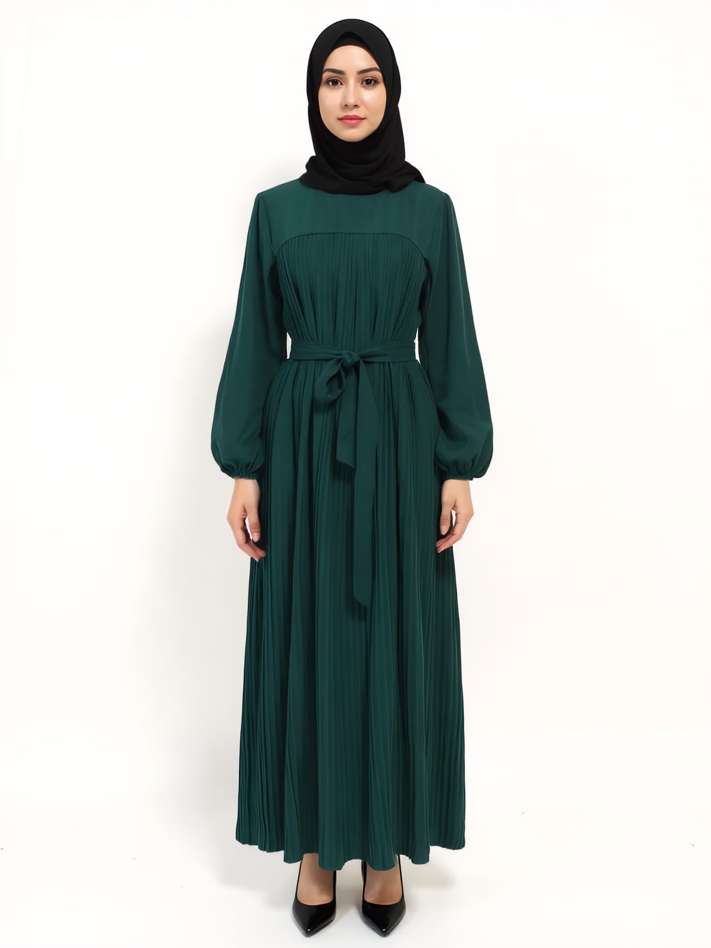 Pleated Belted Modest Maxi Abaya Dress Eid Ready