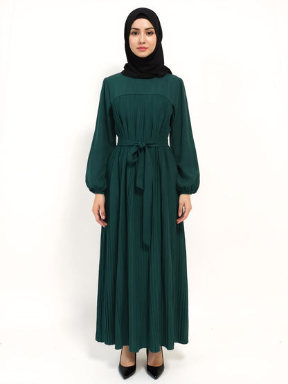 Pleated Belted Modest Maxi Abaya Dress Eid Ready