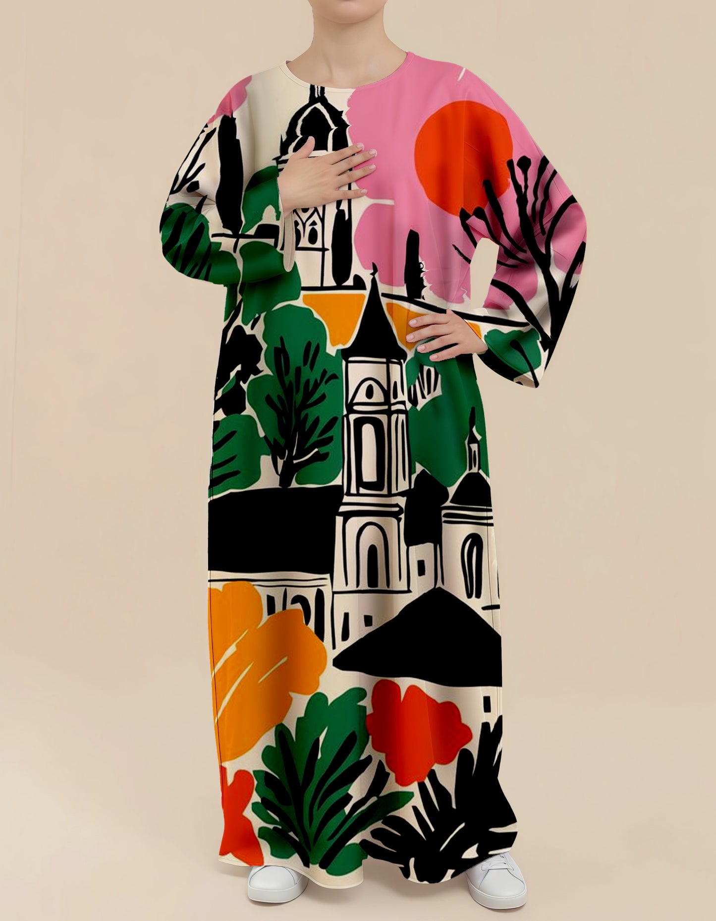 Artistic City Print Nursing Kaftan Dress – Modest Vacation Wear