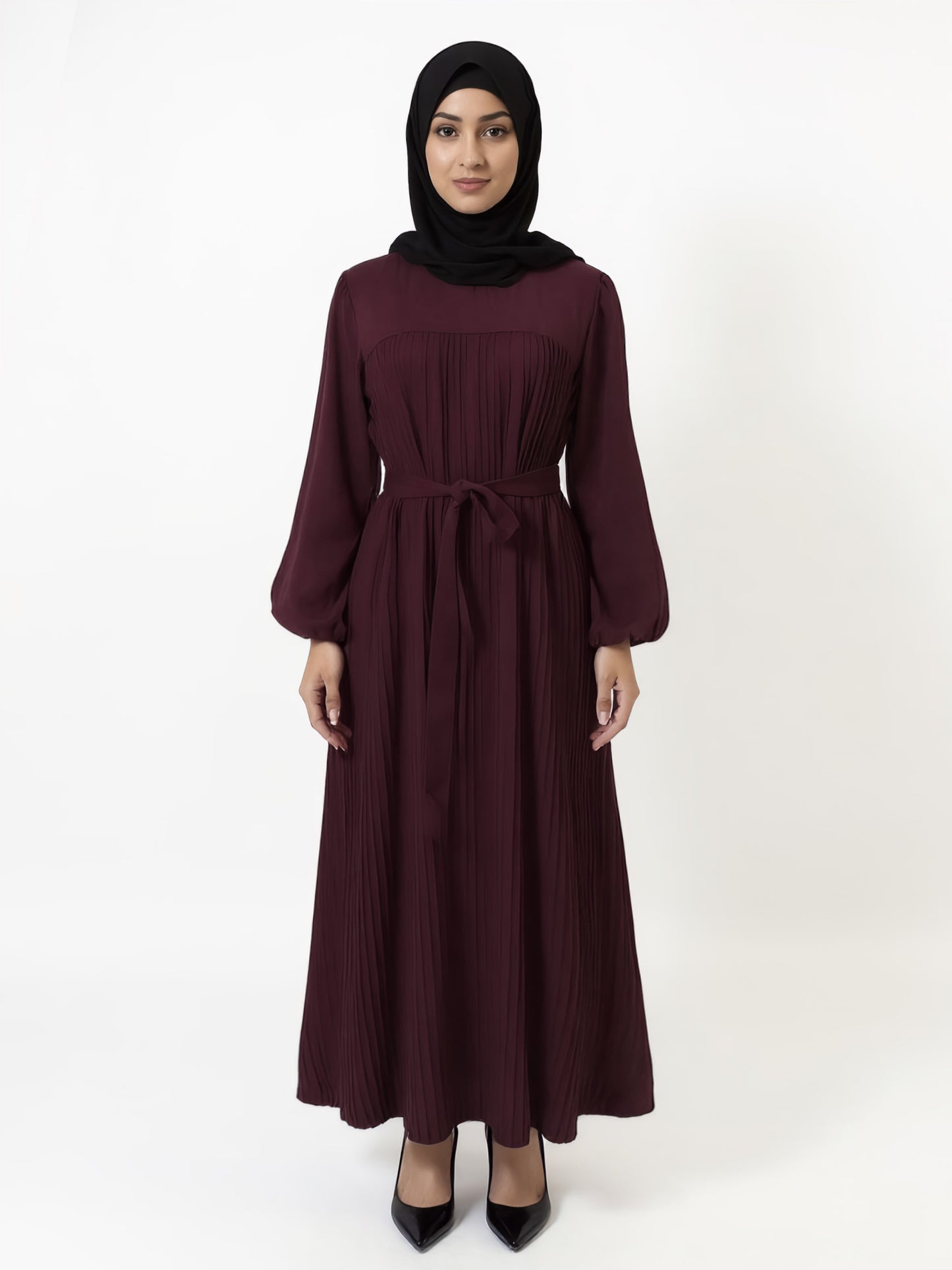 Pleated Belted Modest Maxi Abaya Dress Eid Ready