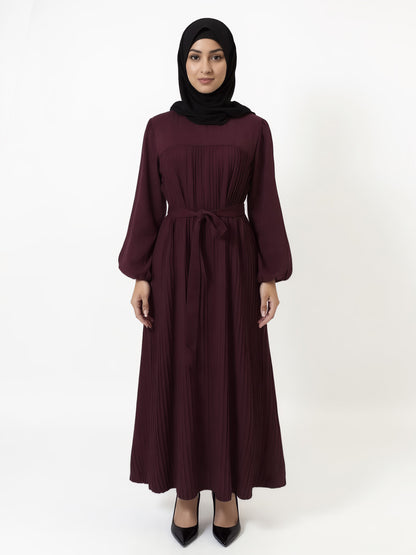 Pleated Belted Modest Maxi Abaya Dress Eid Ready