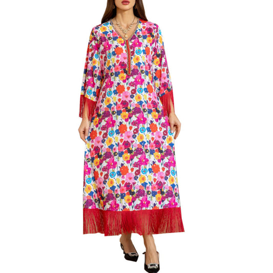 Golden-embossed and Printed Elegant Flowing Party Dress