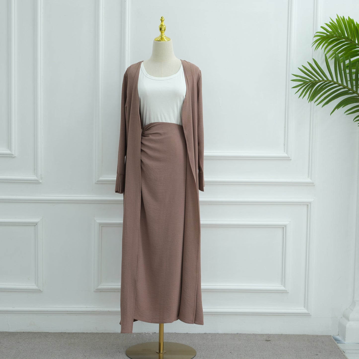Modest Solid Color Cardigan and Maxi Skirt Two-Piece Set for Women