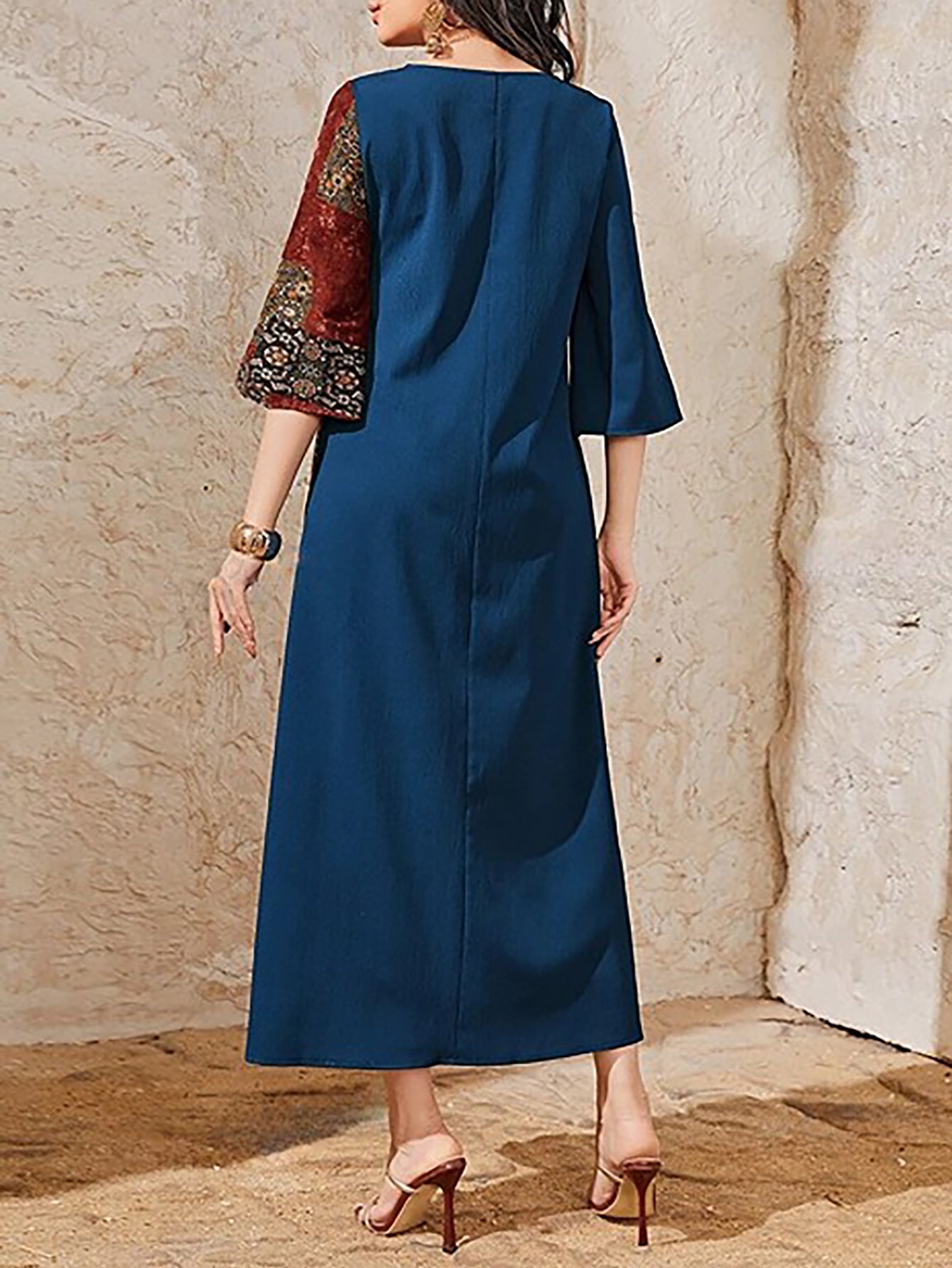 Women's Printed Patchwork Flared Sleeve Casual Dress