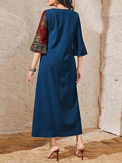 Women's Printed Patchwork Flared Sleeve Casual Dress