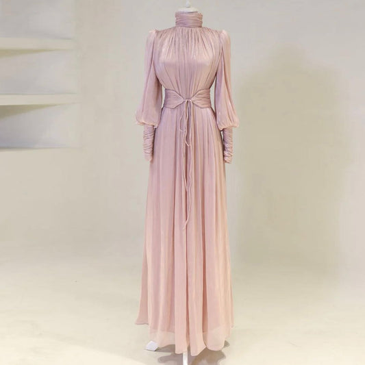 Elegant Pleated Satin Maxi Dress with Waist Belt